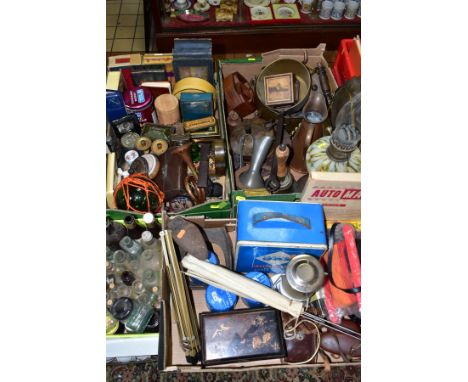 FOUR BOXES OF METALWARES, COLLECTABLES, VINTAGE BOTTLES, ETC, including a brass hand bell with wooden handle, an oil lamp wit