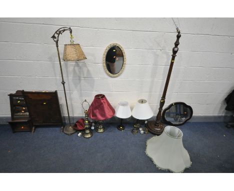A QUANTITY OF LIGHTING, to include an oak standard lamp, another metal standard lamp, a pair of table lamps, two other table 