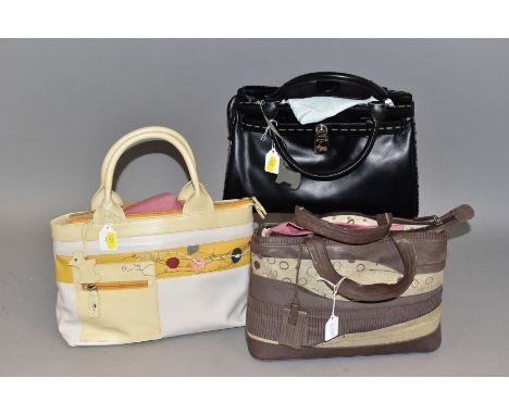 THREE RADLEY HANDBAGS, comprising a brown leather and printed beige canvas handbag, a black leather with grey stitching to th