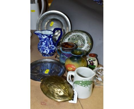 CERAMICS AND METALWARES ETC, comprising a Clarice Cliff for Royal Staffordshire milk jug, Wade posy vase, Colm De Ris pottery