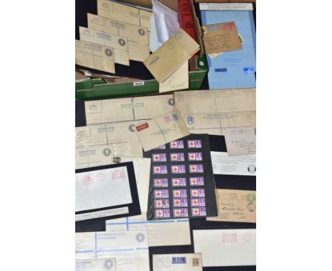 A BOX OF POSTAL EPHEMERA, including Stanley Gibbons postage stamp catalogue 1956 part I British Empire, envelopes with stamps