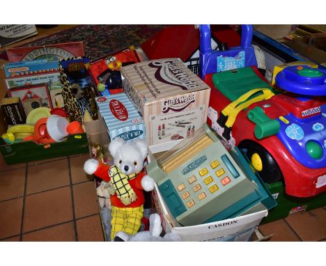 THREE BOXES AND LOOSE TOYS AND GAMES ETC, to include a boxed Paper Jamz guitar, Oregon Barbie electronic learning game, Casdo