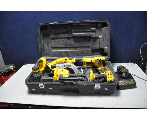 A DeWALT DC5KITA FIVE PIECE 18V POWER TOOL KIT comprising of a drill, circular saw, gooseneck lamp, reciprocal saw, jigsaw, c
