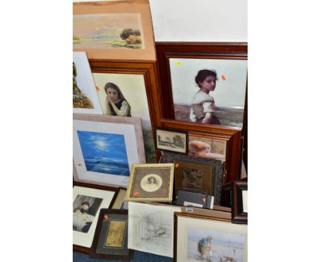 A BOX AND LOOSE PRINTS ETC, to include a watercolour depicting three tomatoes signed M Crawford, size approximately 15cm x 22