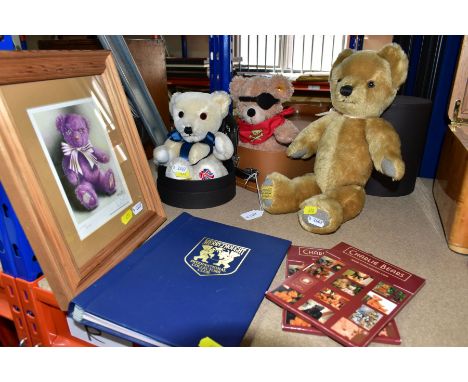 THREE MERRYTHOUGHT AND STEIFF TEDDY BEARS, PICTURE AND EPHEMERA, comprising a Steiff cuddly soft plush pirate bear 672828, in