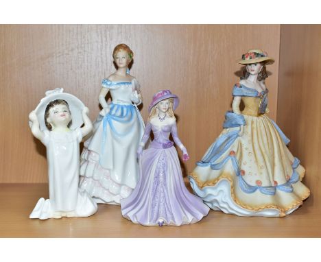 A GROUP OF FOUR CERAMIC FIGURINES, comprising Royal Doulton Claire HN3646 and Make Believe HN2224, Coalport Age of Elegance S