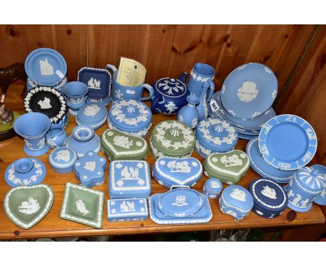 A QUANTITY OF WEDGWOOD JASPERWARES, approximately fifty pieces mainly pale blue, also sage green, black, navy, royal and coba