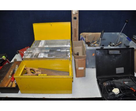A TRAY AND TWO TOOLBOXES CONTAINING TOOLS to include a number of spanners, hammers, chisels, scrapers, saws, wood planes etc 
