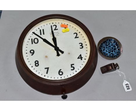 A SMITHS BAKELITE WALL CLOCK, BAKELITE WHISTLE AND ENAMEL PIN DISH, comprising a 1930s/1940s Smiths eight day wall clock with