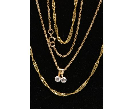 TWO 9CT GOLD CHAINS AND PENDANTS, a yellow gold Singapore twist chain, approximate length 500mm, hallmarked 9ct Birmingham 19
