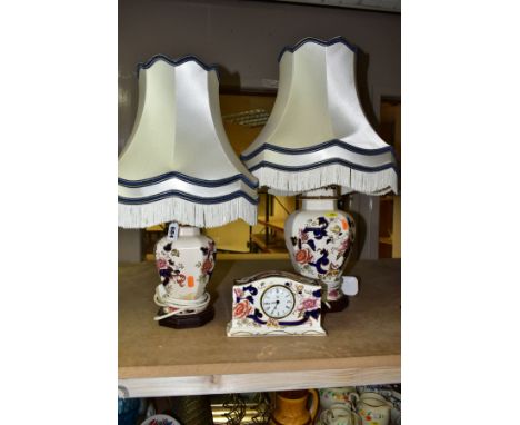 THREE PIECES OF MASONS (BLUE) MANDALAY, comprising two octagonal temple jar style table lamps with shades, heights to top of 