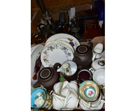 THREE BOXES AND LOOSE CERAMICS, METALWARE AND TREEN, ETC, including three Paragon tea cups and saucers, a small quantity of R