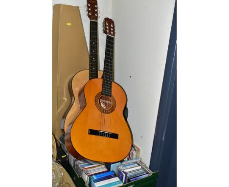 TWO ACOUSTIC GUITARS, A BOX OF CDS AND SINGLES RECORDS, the guitars comprising a Hohner model no.MW-300, made in Taiwan and a