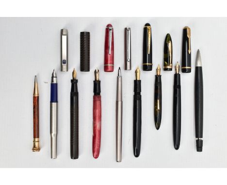 A QUANTITY OF FOUNTAIN PENS, to include a 'Sheaffer Dinky' black and green marble effect, signed 'W.A.Sheaffer Pen CO, fitted