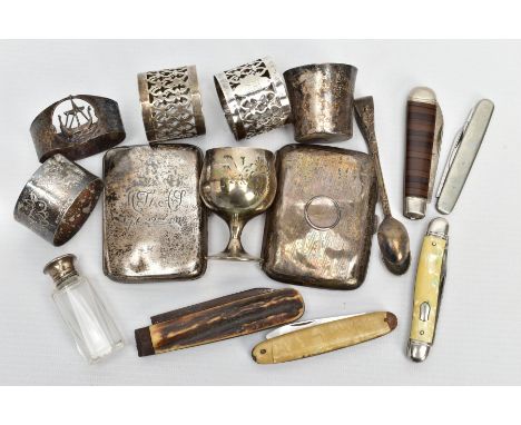 TWO SILVER CIGARETTE CASES AND OTHER ITEMS, the first  cigarette case of a rounded rectangular form, plain polished design wi