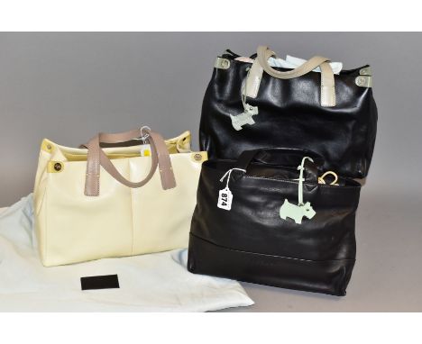 THREE RADLEY HANDBAGS, comprising a plain black leather bag with pale green fabric interior, a pale yellow leather bag with b