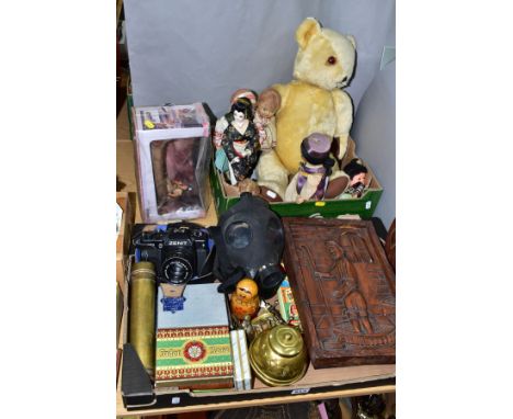 TWO BOXES AND LOOSE TOYS, METALWARES AND SUNDRY ITEMS, to include a large jointed teddy bear with golden fur height 55cm, a b