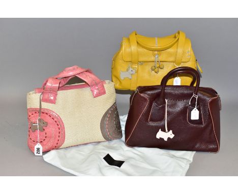 THREE RADLEY HANDBAGS, comprising a natural canvas and pink / grey applique leather bag with contrast stitching, a yellow lea