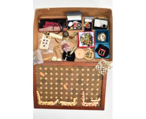 A BOX OF ASSORTED ITEMS, to include a wooden display case of 1960's Half-penny coins, a packet of five rolled gold dress stud