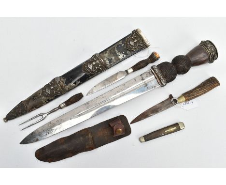 A SCOTTISH DIRK, FRUIT KNIFE AND OTHER, the Scottish dirk fitted with a wooden handle and set with a large faceted orange pas