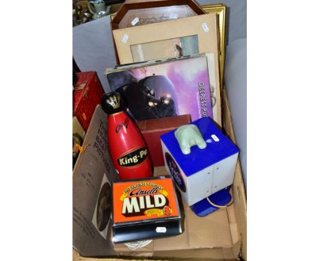 A BOX OF BREWERIANA, RECORDS, PICTURES AND SUNDRY ITEMS, to include an Ansells King-Pin bar display skittle height 34cm, Anse