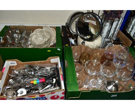 FOUR BOXES AND LOOSE GLASS, METALWARES AND MODERN HOMEWARES, to include eight pairs or sets of wine and champagne glasses in 