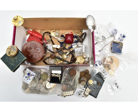 A BOX OF ASSORTED COSTUME JEWELLERY AND OTHER ITEMS, to include two bags of various old British coinage, a pair of white meta