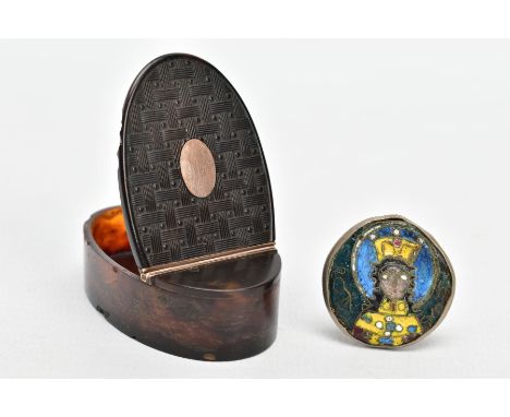 A CARVED TORTOISESHELL SNUFF BOX AND AN ENAMEL PENDANT, the snuff box of an oval form, with a rose gold tone hinge and vacant