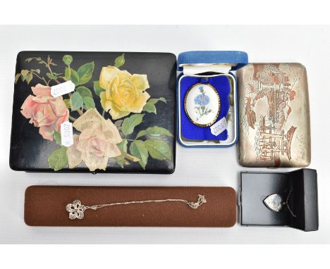 A BOX OF ASSORTED ITEMS, to include a boxed white metal filigree flower pendant fitted with a tapered bail stamped 'Sterling'