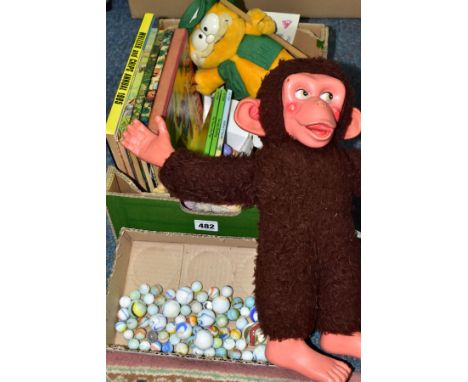 TWO BOXES OF TOYS AND CHILDREN'S BOOKS, to include a Chad Valley Jacko the Chimpanzee height 36cm, a Dakin Garfield Fisherman