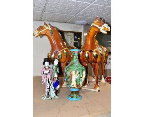 TWO POTTERY TANG STYLE HORSES, A PAIR OF FRAMED CHINESE EMBROIDERED SILK PANELS, ETC, the Tang style horses looking left and 