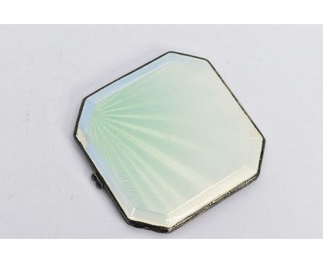 A SILVER GUILLOCHE ENEMAL COMPACT, of a square form, detailed with a pale blue and green graduated guilloche enamel lid, miss