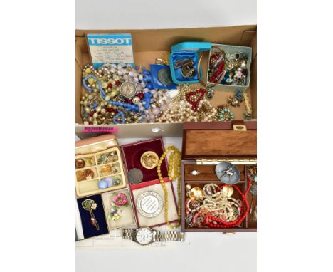 A BOX OF COSTUME JEWELLERY AND OTHER ITEMS, to include various costume brooches, cufflinks, non-pierced earrings, beaded neck