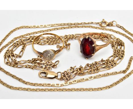 TWO RINGS, A BRACELET AND A CHAIN, the first a yellow metal ring designed with a six claw set oval cut garnet, tapered should