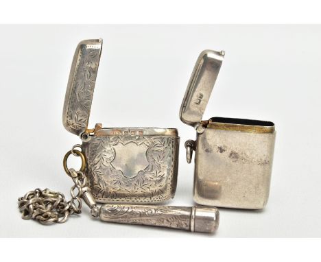 TWO SILVER VESTA CASES AND A CHEROOT HOLDER, the first a plain polished rounded rectangular vesta case, striker to the top, f