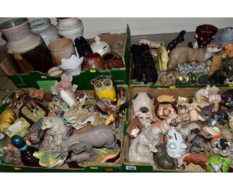 FOUR BOXES OF CERAMIC AND RESIN ANIMAL AND BIRD ORNAMENTS, POTTERY VASES, ETC, including a small quantity of Piggin' figures,