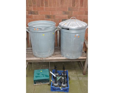 TWO MODERN GALVANISED DUSTBINS (one with lid), a tray of solar lights and a tray of gardening hand tools