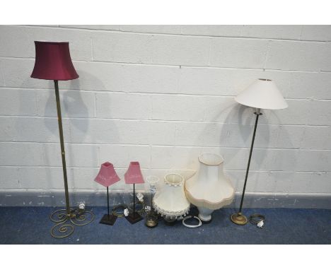 A QUANTITY OF VARIOUS LIGHTING, to include a Laura Ashley low standard lamp, a brass standard lamp, a pair of table lamps and