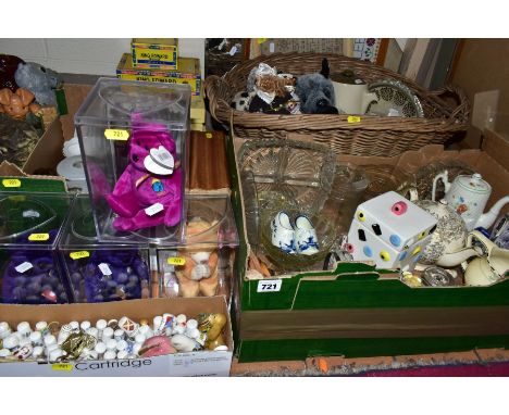 THREE BOXES AND LOOSE CERAMICS, GLASS, SOFT TOYS, WALL MIRROR, ETC, including a quantity of ceramic thimbles, four Ty Beanie 