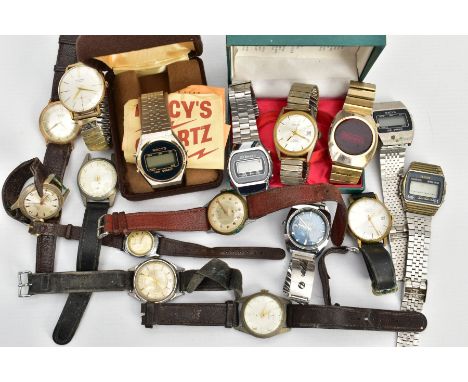 A BOX OF ASSORTED WRISTWATCHES, to include a variety of quartz and digital watches with names to include 'Timex, Amida, Wosto