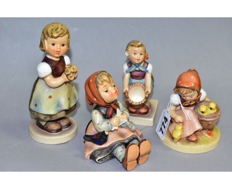 FOUR HUMMEL FIGURES, Chick Girl HUM57 (glaze crazed to base), Happy Pastime HUM69 (chipped beak), Little Helper HUM73 (broken