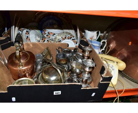 TWO BOXES AND LOOSE METALWARES, CERAMICS AND SUNDRY ITEMS, to include a large oval copper tray with inscription dated 1922, l