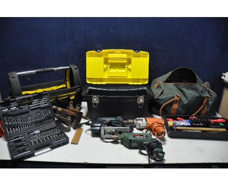 THREE TOOLBOXES CONTAINING HAND AND ELECTRICAL TOOLS to include a vintage Athon and Sons Plough plane, various spanners, scre
