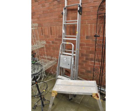TWO ALUMINIUM STEP LADDERS longest being 200cm long, a step stool, two clothes line poles and a post hole scissor scoop