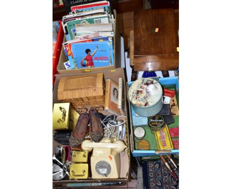 A VICTORIAN WALNUT WRITING SLOPE, A MODERN SET OF SCALES, A STOOL AND THREE BOXES OF TINS, VINTAGE MAGAZINES, ETC, the writin