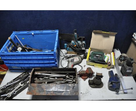 A BOX AND TOOLBOX OF HANDTOOLS to include spanners, sockets, allen keys, hammers etc a Coopers electric drill bit sharpener, 