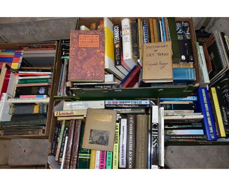FIVE BOXES OF BOOKS, to include 'A Dictionary of Art Terms' by Reginald Haggar, signed, 'A Manual of Historic Ornament' by Ri