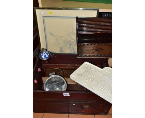 A VINTAGE WOODEN CRATE, A 1920'S OAK TAMBOUR FRONT LETTER RACK AND OTHER COLLECTABLES, ETC, comprising a cream painted cast i