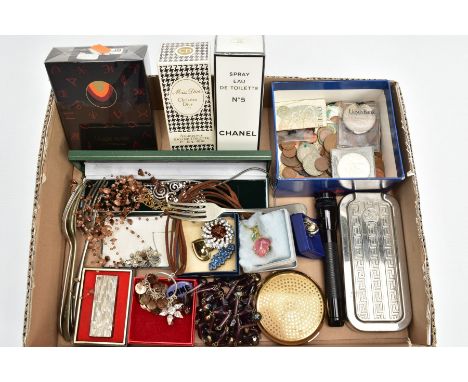 A BOX OF ASSORTED ITEMS, to include a 'Rolls Razor', five nickel silver forks, a compact, costume brooches, a boxed lighter, 