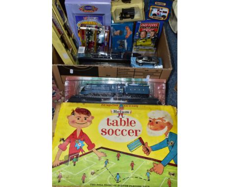 A BOX AND LOOSE BOXED DIECAST VEHICLES AND TABLE SOCCER GAME, to include an Only Fools and Horses 'If They Could See Us Now!'